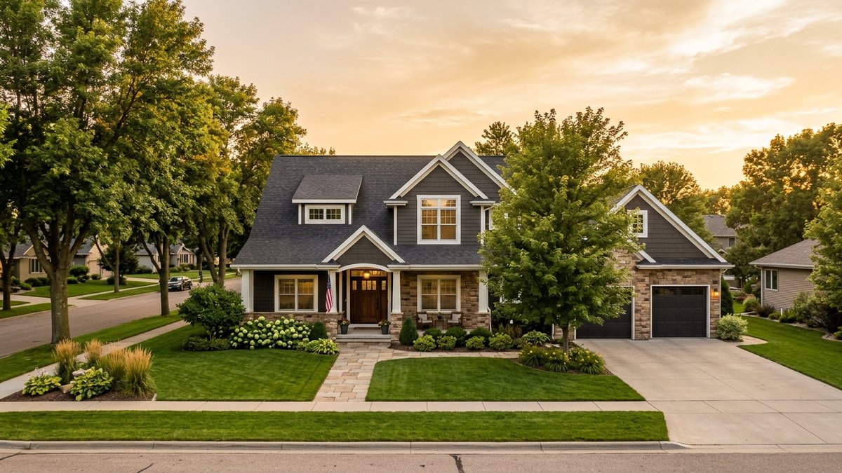 Polished move-up home exterior in a Yankton neighborhood with mature trees and strong curb appeal. Useful for seller and buyer posts.