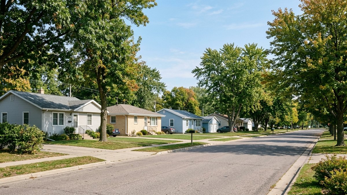 Established entry-price neighborhood street in Yankton with smaller homes and mature trees. Useful for Silver Valley-style neighborhood posts.
