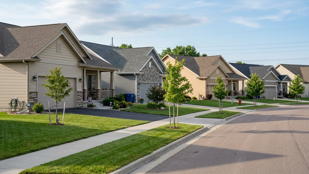 Garden Estates new-construction subdivision streetscape on the west side of Yankton SD, casual daylight.