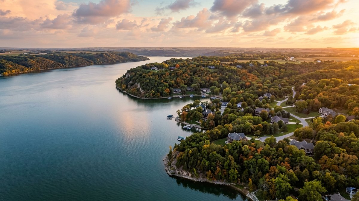 Polished aerial lake-area view near Lewis and Clark Lake with homes tucked into bluffs and trees. Useful for lake lifestyle and market overview posts.