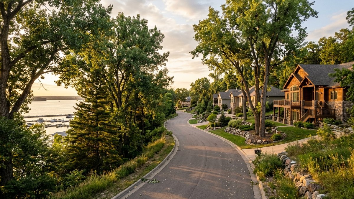 Polished lake-area neighborhood street inspired by Marina Dell near Lewis and Clark Lake. Useful for waterfront and lake-view buyer posts.