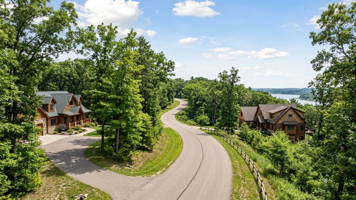 Natural lake-area neighborhood street in a Sundance Ridge-style setting. Useful for neighborhood and buyer posts.