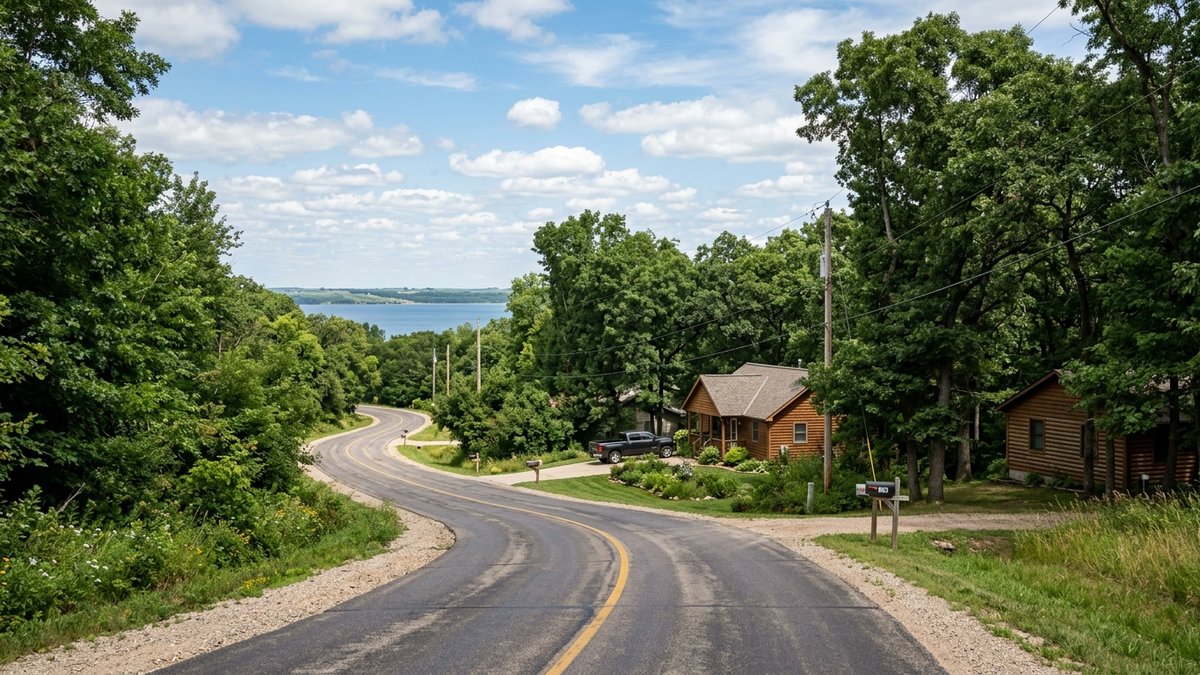 Natural summer lake-area neighborhood scene near Lewis and Clark Lake. Useful for seasonal buyer and lifestyle posts.