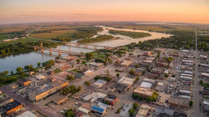 Aerial view of downtown Yankton and the Missouri River at sunset